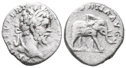 Septimius Severus. A.D. 193-211. AR denarius . Rome mint, struck A.D. 197. L SEPT SEV PERT AVG IMP VIIII, laureate head right / MVNIFICENTIA AVG, elep...