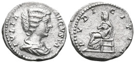 Julia Domna AR Denarius. Rome, AD 196-211. IVLIA AVGVSTA, draped bust right / PVDICITIA, veiled figure of Pudicitia seated left, right hand on her bre...