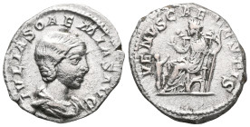 Julia Maesa AR Denarius. Rome, AD 218-244. IVLIA MAESA AVG, draped bust right / FECVNDITAS, Felicitas seated left between two children holding flower ...