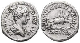 Caracalla AD 211-217. RomeDenarius ARANTONINVS PIVS AVG, laureate and draped bust right / INDVLGENTIA AVGG, the Dea Caelestis, holding thunderbolt and...