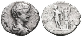 Geta, as Caesar, 198-209. Denarius (Silver), Rome, 200-202. P SEPT GETA CAES PONT Bare-headed and draped bust of Geta to right. Rev. PRINC IVVENTVTIS ...