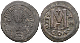 Byzantine
Justinian I, 527-565. Follis (Bronze), Constantinopolis, RY 17 = 543/4. D N IVSTINIANVS P P AVG Helmeted and cuirassed bust of Justinian I ...