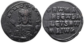 Constantine VII and Romanus I. 920-944. Æ follis . Constantinople mint. RWMAN bASILEVS RWM, crowned, bearded, facing bust of Romanus, wearing chlamys,...