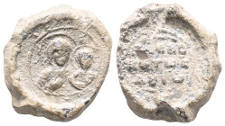 Byzantine Lead Seals, 7th - 13th Centuries Maria and Jesus
Obverse: Mary holds Jesus in her left arm. He points to Jesus with his right hand. (Hedage...