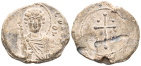 Byzantine Lead Seals, 11th Centuries, St. George.
Obverse: Bust of St. George. He holds a staff in his right hand. He wears khlamys and himation. Moi...