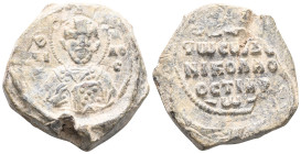 Byzantine Lead Seals, 7th - 13th Centuries , Saint Nicolaos Ostiarios  (The Doorman).
Obverse: Bust of St. Nicholas.He holds a pearl-adorned Bible in...
