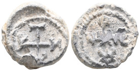 Byzantine Lead Seals, 7th - 13th Centuries
Obverse: Monogram with cross. Letters indicating names at the ends of the cross arms. Wreath border.
Reve...