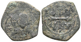 Crusaders, Edessa or Antioch(?), c. 11th-12th century. Æ Fals . Facing bust of Christ Pantocrator. R/ Cross saltire, with globes at top end of post an...