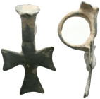 ANCIENT BYZANTINE EMPIRE BRONZE RING CROSS ( 8th - 10 th century ) .Ae