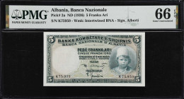 ALBANIA. Banca Nazionale d'Albania. 5 Franka Ari, ND (1926). P-2a. PMG Gem Uncirculated 66 EPQ.
Gem example featuring multicolored underprints, signa...