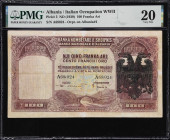ALBANIA. Banca Nazionale d'Albania. 100 Franka Ari, ND (1939). P-5. PMG Very Fine 20.
Gomsiqe bridge and double headed eagle overprint on the obverse...