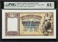 ALBANIA. Banca Nazionale d'Albania. 100 Franga, ND (1940). P-8. SB706. PMG Choice Uncirculated 64 EPQ.

Estimate: $200.00- $400.00