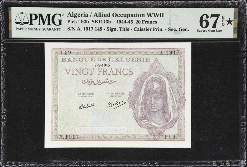 ALGERIA. Banque de l'Algerie. 20 Francs, 1945. P-92b. SB1113b. Allied Occupation...