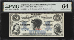 ARGENTINA. Banco Oxandaburu y Garbino. 1 Peso Fuerte, 1869. P-S1791r. Remainder. PMG Choice Uncirculated 64.

Estimate: $50.00- $100.00