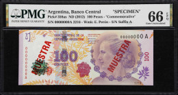 ARGENTINA. Banco Central de la Republica Argentina. 100 Pesos, ND (2012). P-358as. Specimen. Commemorative. PMG Gem Uncirculated 66 EPQ.

Estimate: ...