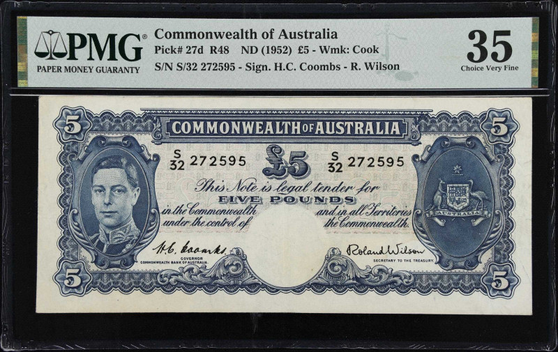 AUSTRALIA. Lot of (2). Commonwealth Bank of Australia. 5 Pounds, ND (1952-59). P...