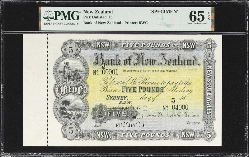 AUSTRALIA. Bank of New Zealand. 5 Pounds, ND (18xx). P-Unlisted. Specimen. PMG G...