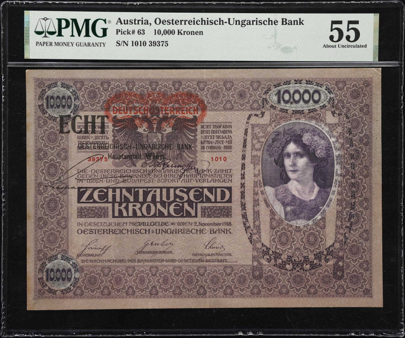 AUSTRIA. Oesterreichisch-Ungarische Bank. 10,000 Kronen, 1918. P-63. PMG About U...