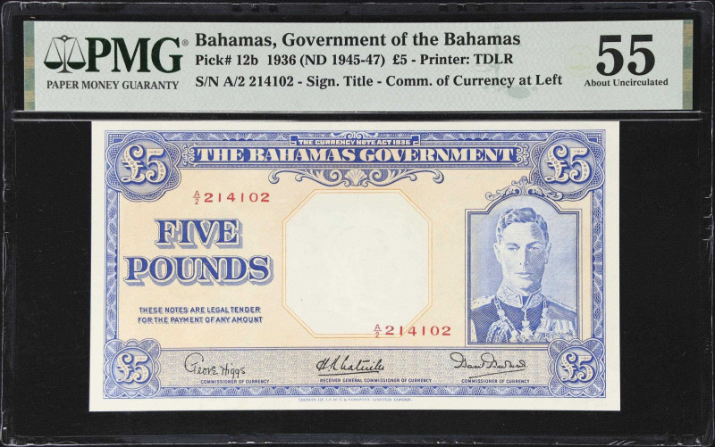 BAHAMAS. Bahamas Government. 5 Pounds, 1936 (ND 1945-47). P-12b. PMG About Uncir...