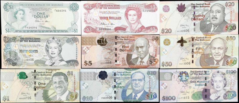 BAHAMAS. Lot of (9). Central Bank of the Bahamas. 50 Cents, 1, 3, 5, 10, 20, 50 ...