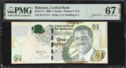 BAHAMAS. Central Bank of the Bahamas. 1 Dollar, 2008. P-71. Super Solid #1's. PMG Superb Gem Uncirculated 67 EPQ.
Serial number D111111.

Estimate:...