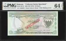 BAHRAIN. Lot of (3). Bahrain Currency Board. 1/4 & 10 Dinars, 1964 (ND 1978). P-2CS1 & 6CS1. Collectors Series Specimen. PMG Choice Uncirculated 64 EP...