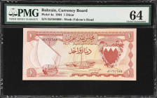 BAHRAIN. Bahrain Currency Board. 1 Dinar, 1964. P-4a. Consecutive. PMG Choice Uncirculated 64.
Consecutive run of 3. Serial numbers DJ164688-690.

...