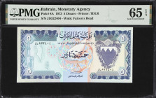 BAHRAIN. Bahrain Monetary Agency. 5 Dinars, 1973. P-8A. PMG Gem Uncirculated 65 EPQ.

Estimate: $100.00- $200.00
