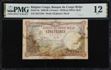 BELGIAN CONGO. Banque du Congo Belge. 5 Francs, 1930. P-8e. PMG Fine 12.
PMG Comments "Stained."

Estimate: $50.00- $100.00