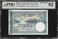 BELGIAN CONGO. Banque Centrale du Congo Belge et du Ruanda-Urundi. 20 Francs, 1952. P-23s. Specimen. PMG Uncirculated 62.
An eye-catching specimen fr...