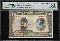 BELGIAN CONGO. Banque Centrale du Congo Belge et du Ruanda-Urundi. 50 Francs, 1952. P-24s. Specimen. PMG About Uncirculated 53.
PMG Comments "Previou...