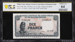 BELGIAN CONGO. Lot of (2). Banque Centrale du Congo Belge et du Ruanda-Urundi. 10 & 20 Francs, 1957. P-30b & 31. PMG Choice Uncirculated 64 & PCGS Ban...