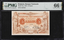 BELGIUM. Banque Nationale de Belgique. 5 Francs, 1914. P-74a. PMG Gem Uncirculated 66 EPQ.
Orange with Allegorical figures at center on the obverse. ...