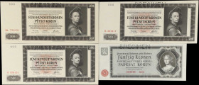 BOHEMIA & MORAVIA. Lot of (4). Protektorat Bohmen und Mahren & Nationalbank fur Bohmen und Mahr. 50 & 500 Kronen, 1940-42. P-5as, 11as & 12as. Specime...