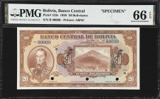 BOLIVIA. Lot of (3). Banco Central de Bolivia. 1, 5 & 20 Bolivianos, 1928. P-118s, 120s & 122s. Specimens. PMG Gem Uncirculated 65 EPQ & Gem Uncircula...