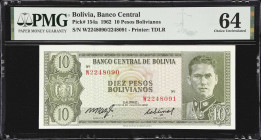 BOLIVIA. Banco Central de Bolivia. 10 Pesos Bolivianos, 1962. P-154a. Mismatched S/N Error. PMG Choice Uncirculated 64.
PMG Comments "Mismatched S/N ...