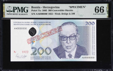 BOSNIA AND HERZEGOVINA. Centralna Banka Bosne i Hercegovine. 200 Konvertibilnih Maraka, 2002. P-71s. Specimen. PMG Gem Uncirculated 66 EPQ.

Estimat...