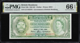 BRITISH HONDURAS. Government of British Honduras. 1 Dollar, 1969. P-28b. PMG Gem Uncirculated 66 EPQ.
Gem example dated May 1st, 1969 with QEII on th...