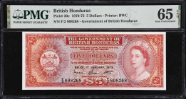 BRITISH HONDURAS. Government of British Honduras. 5 Dollars, 1973. P-30c. PMG Gem Uncirculated 65 EPQ.
Dated January 1st, 1973. Printed by BWC. Bold ...