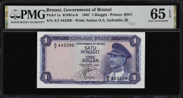 BRUNEI. Government of Brunei. 1 Ringgit, 1967. P-1a. KNB1b. PMG Gem Uncirculated 65 EPQ.

Estimate: $75.00- $100.00