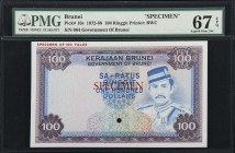 BRUNEI. Government of Brunei. 100 Ringgit, ND (1972-88). P-10s. Specimen. PMG Superb Gem Uncirculated 67 EPQ.
BWC printed specimen featuring Sultan H...