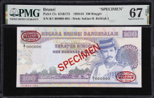 BRUNEI. Negara Brunei Darussalam. 100 Ringgit, 1989. P-17s. KNB17S. Specimen. PMG Superb Gem Uncirculated 67 EPQ.
Specimen example displaying Sultan ...