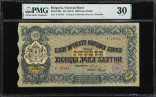 BULGARIA. B'lgarska Narodna Banka. 1000 Leva Zlatni, ND (1918). P-26a. PMG Very Fine 30.
Printed by Gebruder Parcus, Munich. Dark green ink, coat of ...