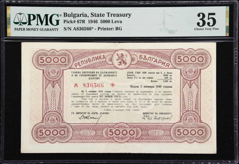 BULGARIA. Republika Blgariya Treasury. 5000 Leva, 1946. P-67R. PMG Choice Very F...