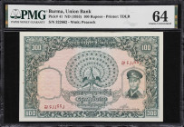 BURMA. Union Bank of Burma. 100 Rupees, ND (1953). P-41. PMG Choice Uncirculated 64.
Printed by TDLR. Ornate forest green designs with pink underprin...