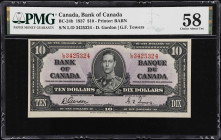 CANADA. Bank of Canada. 10 Dollars, 1937. BC-24b. PMG Choice About Uncirculated 58.

Estimate: $75.00- $150.00