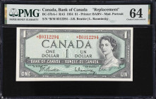 CANADA. Bank of Canada. 1 Dollar, 1954. BC-37bA-i. RA5. Replacement. PMG Choice Uncirculated 64.
Modified portrait. Beattie-Rasminsky signature combi...