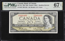CANADA. Bank of Canada. 20 Dollars, 1954. BC-41a. PMG Superb Gem Uncirculated 67 EPQ.
Printed by CBNC. Modified portrait. Beattie-Coyne signature com...