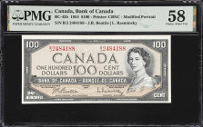 CANADA. Bank of Canada. 100 Dollars, 1954. BC-43b. PMG Choice About Uncirculated 58.
Beattie-Rasminsky signature combination. Modified portrait.

E...