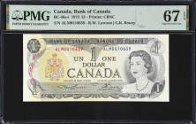 CANADA. Lot of (2). Bank of Canada. 1 Dollar, 1973. BC-46a-i. Consecutive. PMG Gem Uncirculated 66 EPQ & Superb Gem Uncirculated 67 EPQ.
The scarce A...